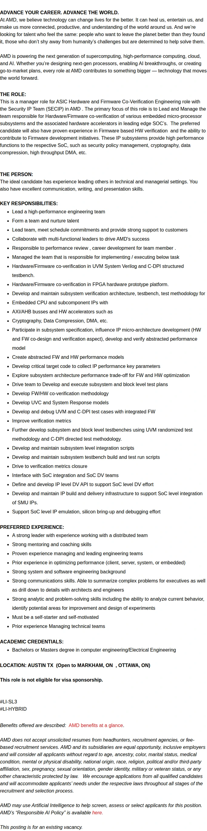 AMD Sr. Manager Silicon Design Engineering 채용공고