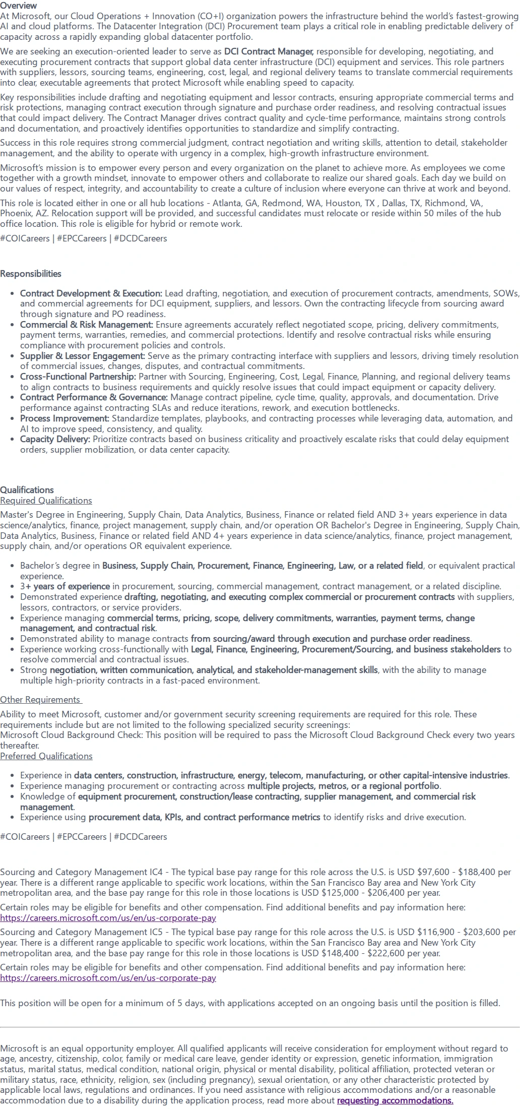 마이크로소프트(Microsoft) Procurement Contract Manager - Metro 채용공고