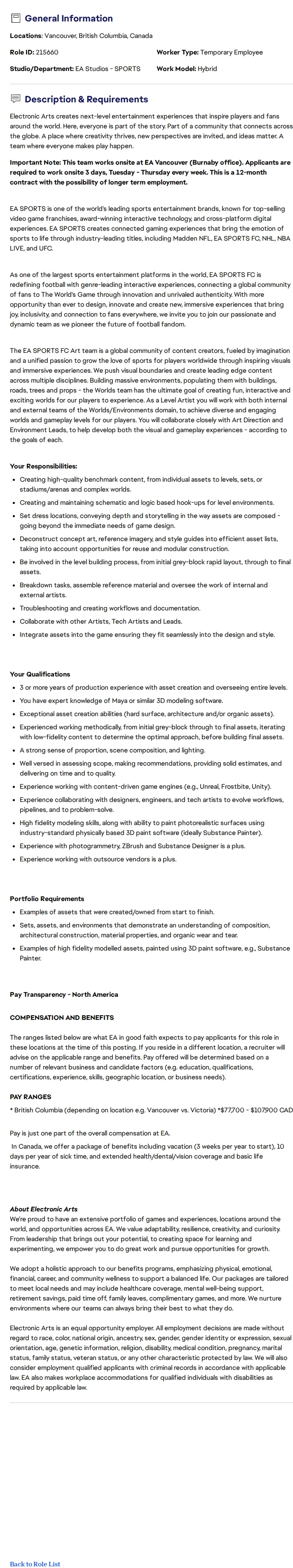 ElectronicArts Environment Artist - EA SPORTS FC 채용공고