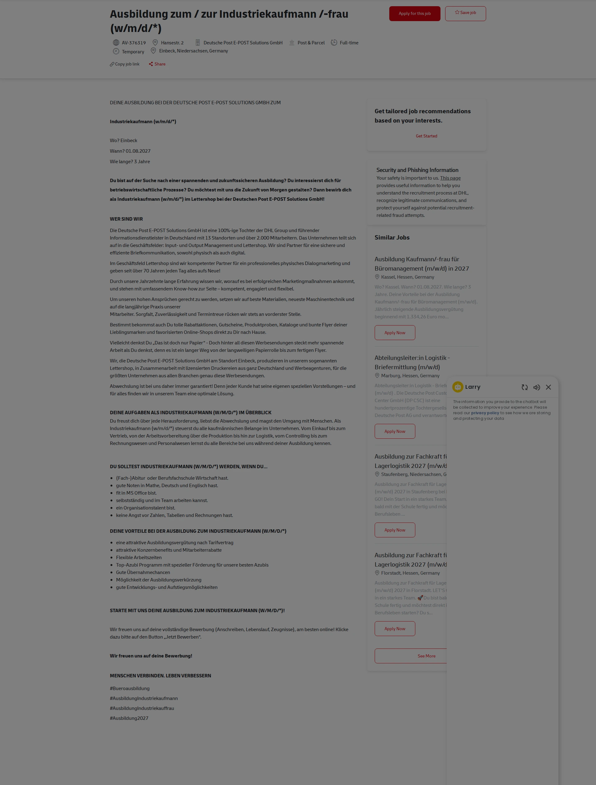 DHL Ausbildung zum / zur Industriekaufmann /-frau (w/m/d/*) 채용공고