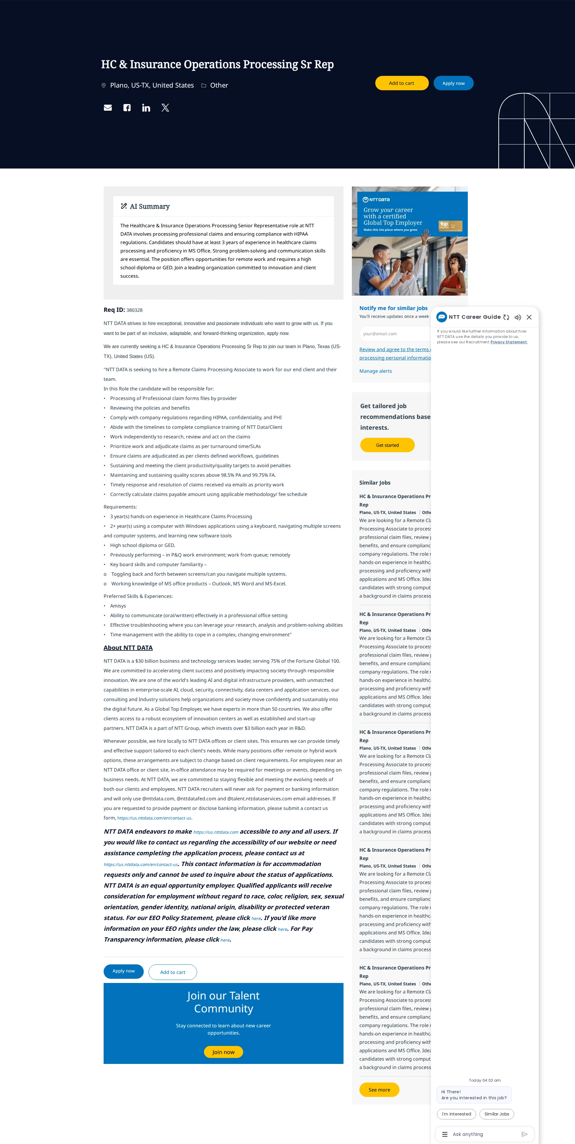 NTT데이터 HC & Insurance Operations Processing Sr Rep 채용공고