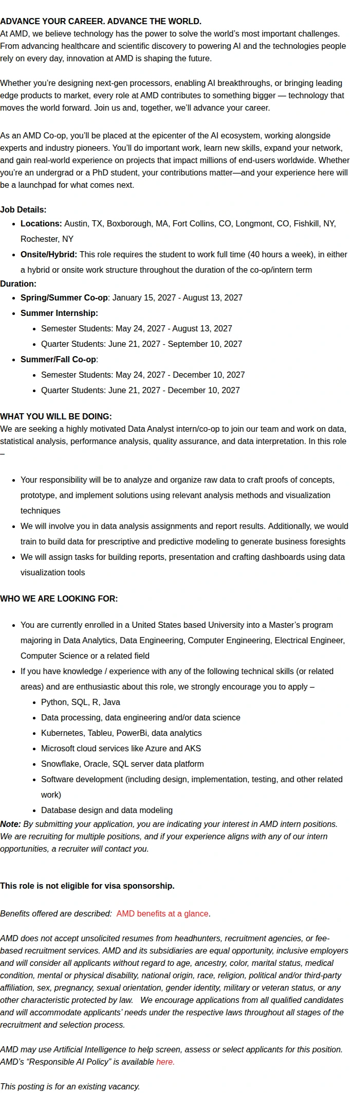 AMD 2027 Masters Data Analyst Intern/co-op 채용공고