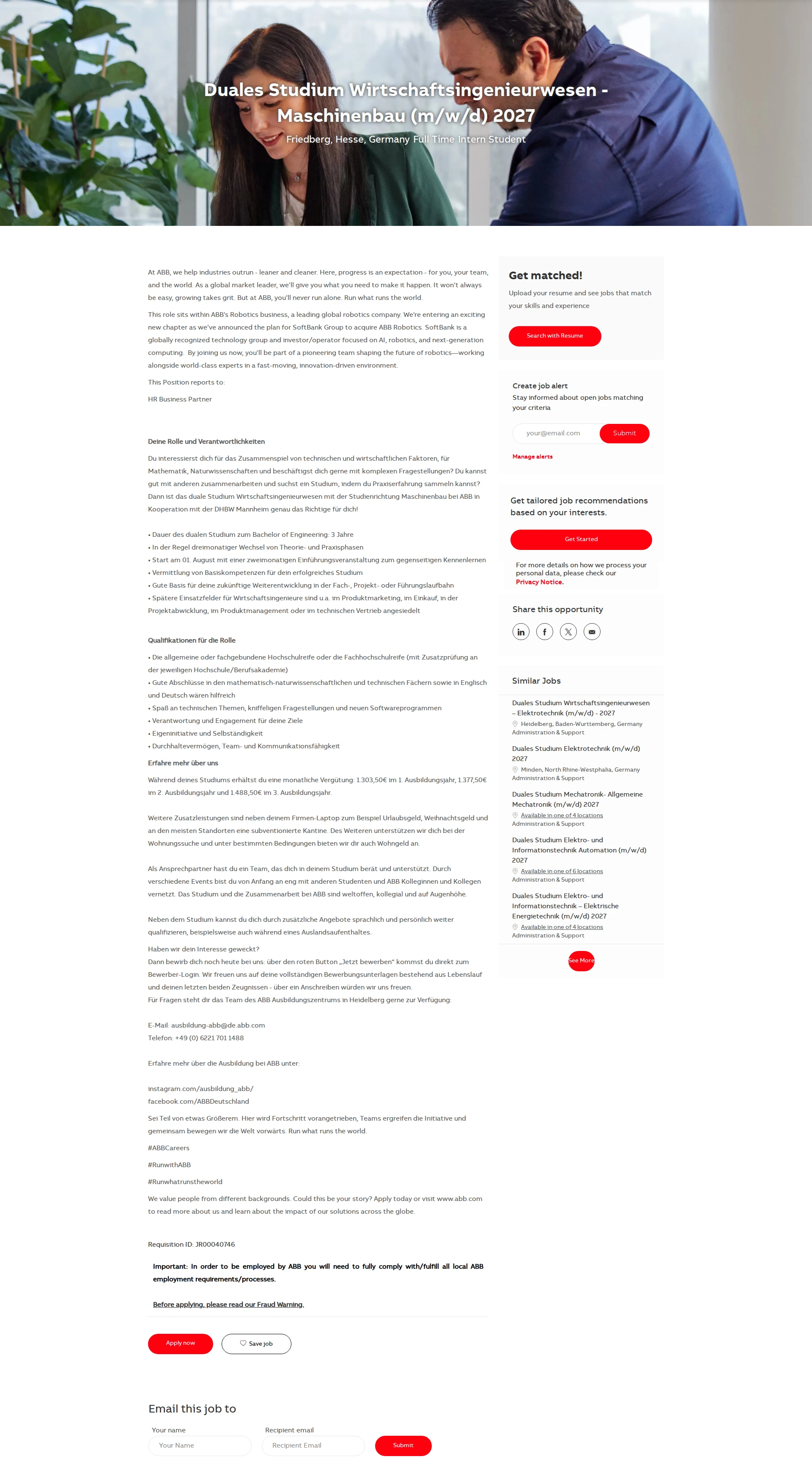 ABB코리아 Duales Studium Wirtschaftsingenieurwesen - Maschinenbau (m/w/d) 2027 채용공고