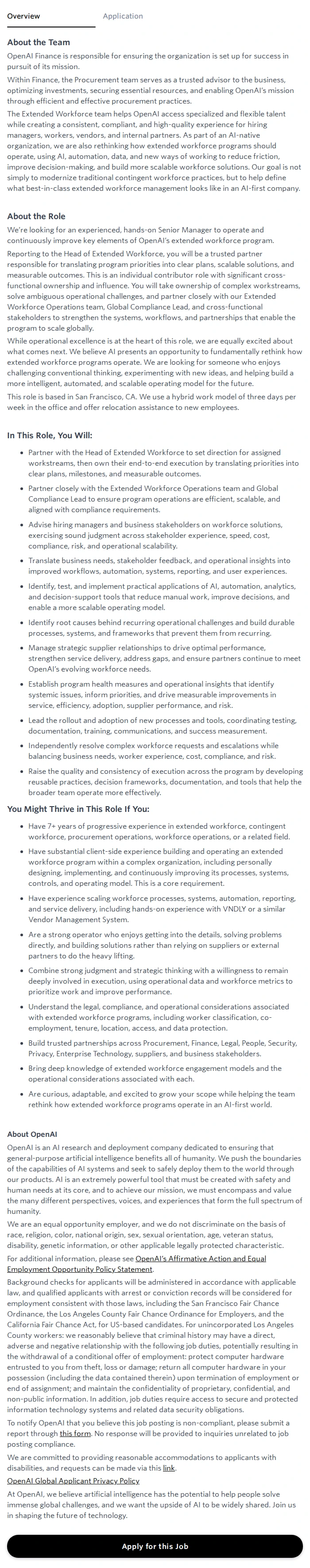 오픈에이아이(OpenAI) Senior Manager, Extended Workforce Program 채용공고