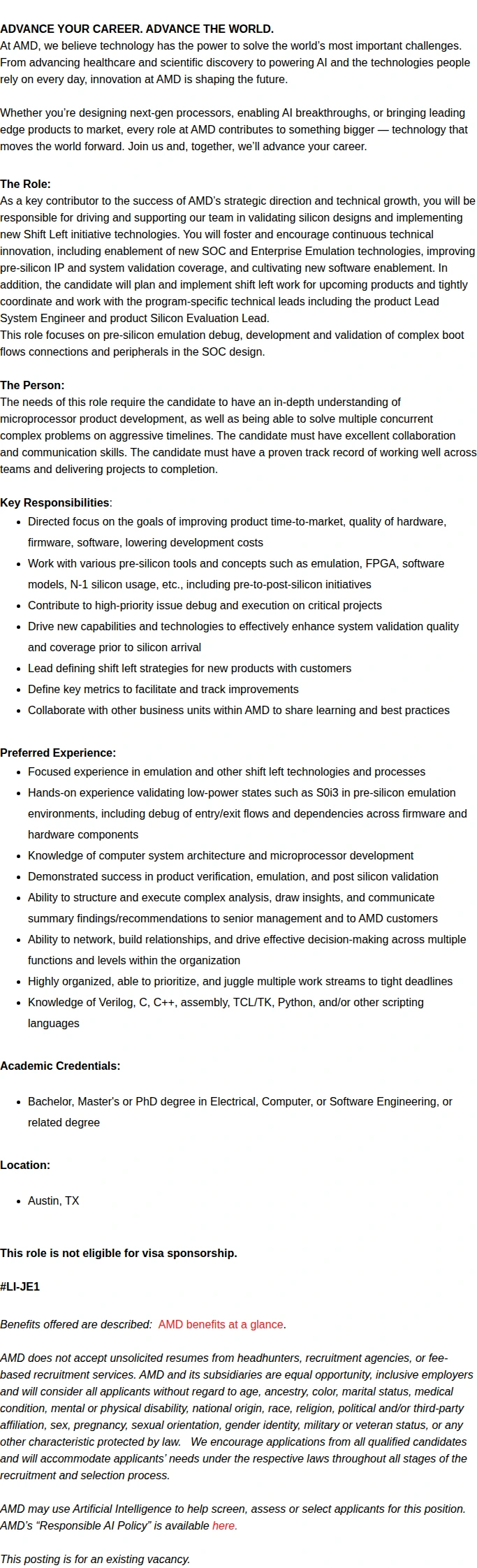 AMD Pre-Silicon Power Management Engineer 채용공고