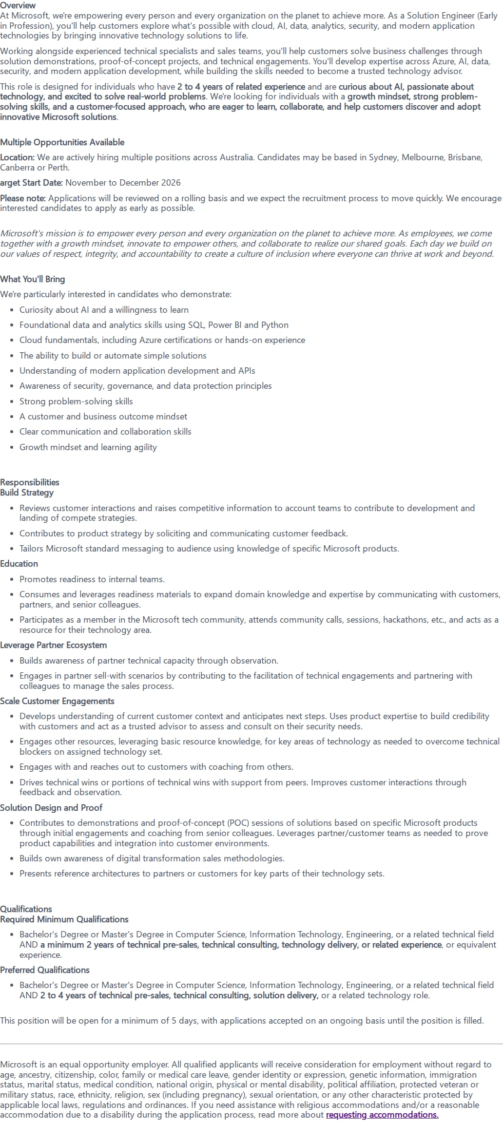 마이크로소프트(Microsoft) Solution Engineer (Early in Profession) 채용공고