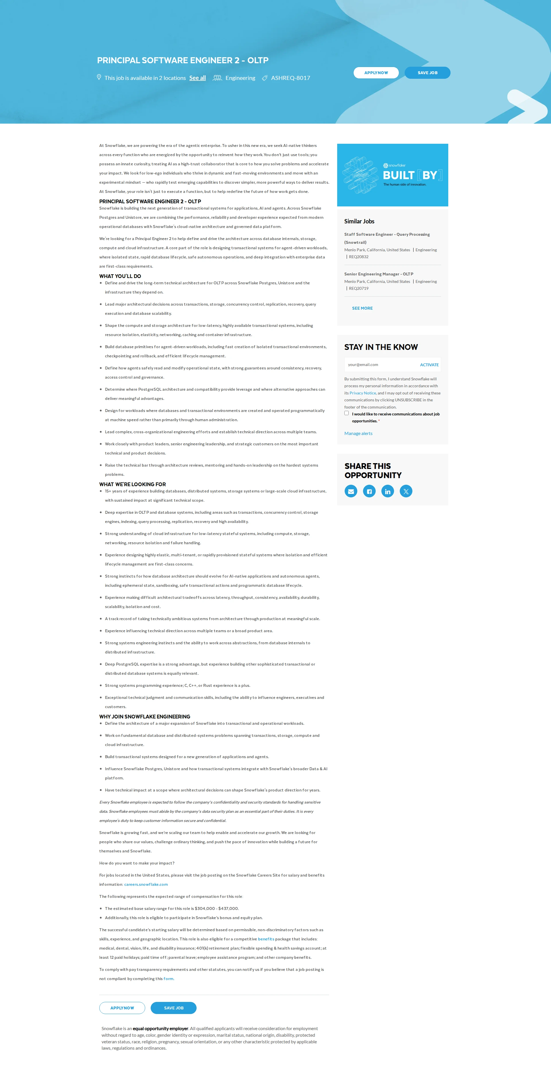 스노우플레이크 Principal Software Engineer 2 - OLTP 채용공고