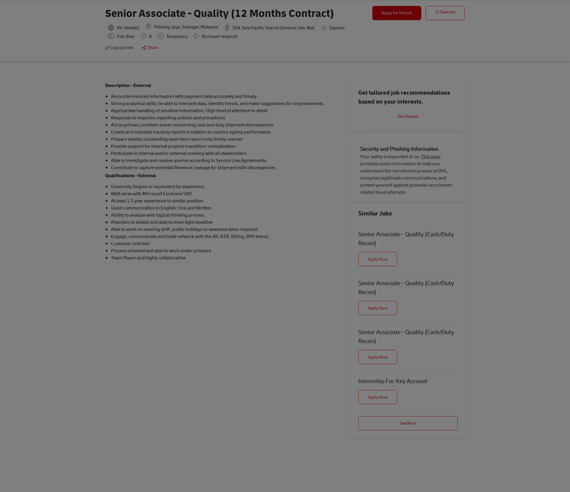 DHL Senior Associate - Quality (12 Months Contract) 채용공고