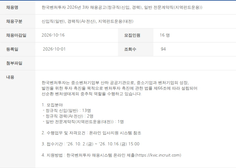 한국벤처캐피탈협회 한국벤처투자 2026년 3차 채용공고(정규직(신입, 경력), 일반 전문계약직(지역펀드운용)) 채용공고