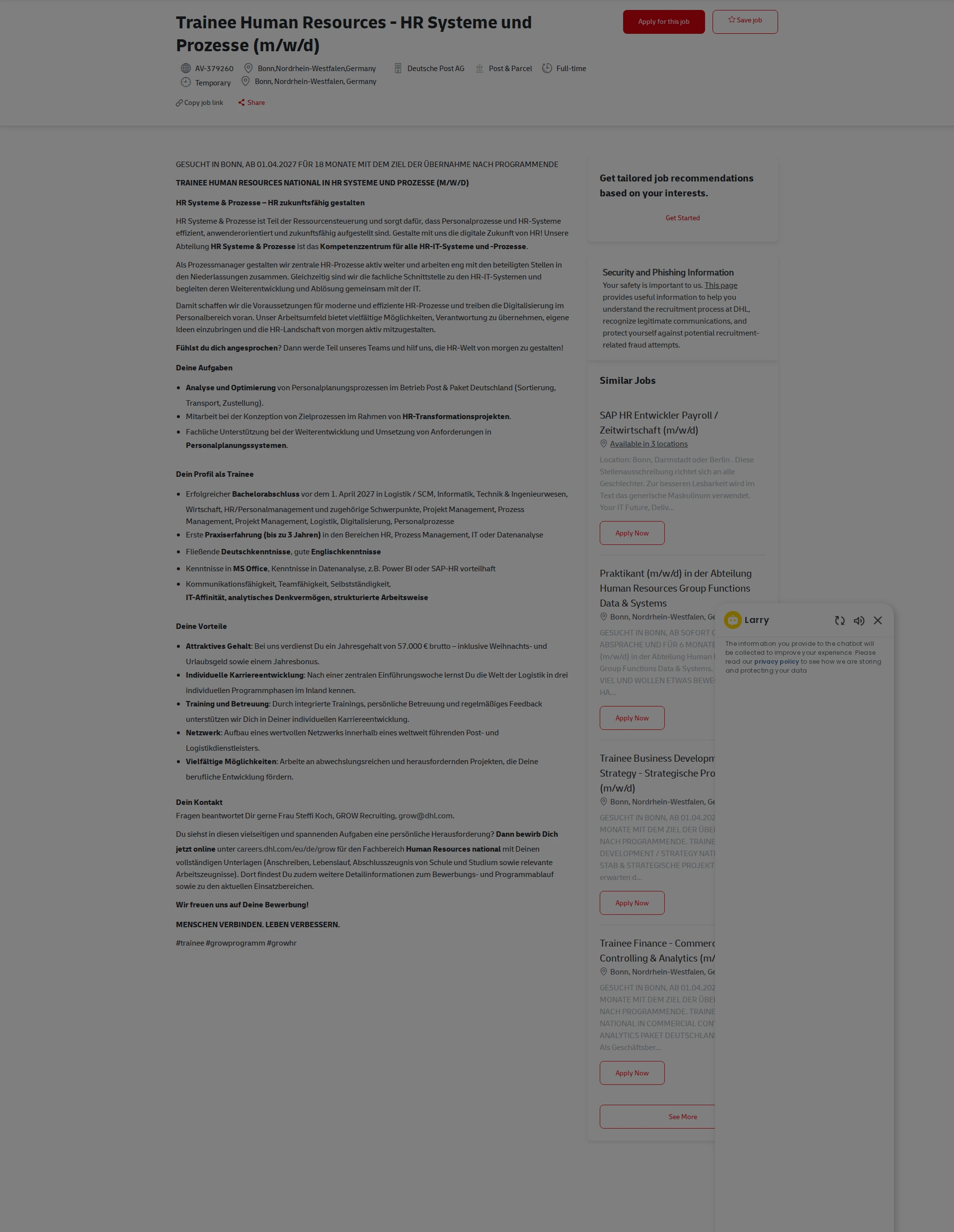 DHL Trainee Human Resources - HR Systeme und Prozesse (m/w/d) 채용공고