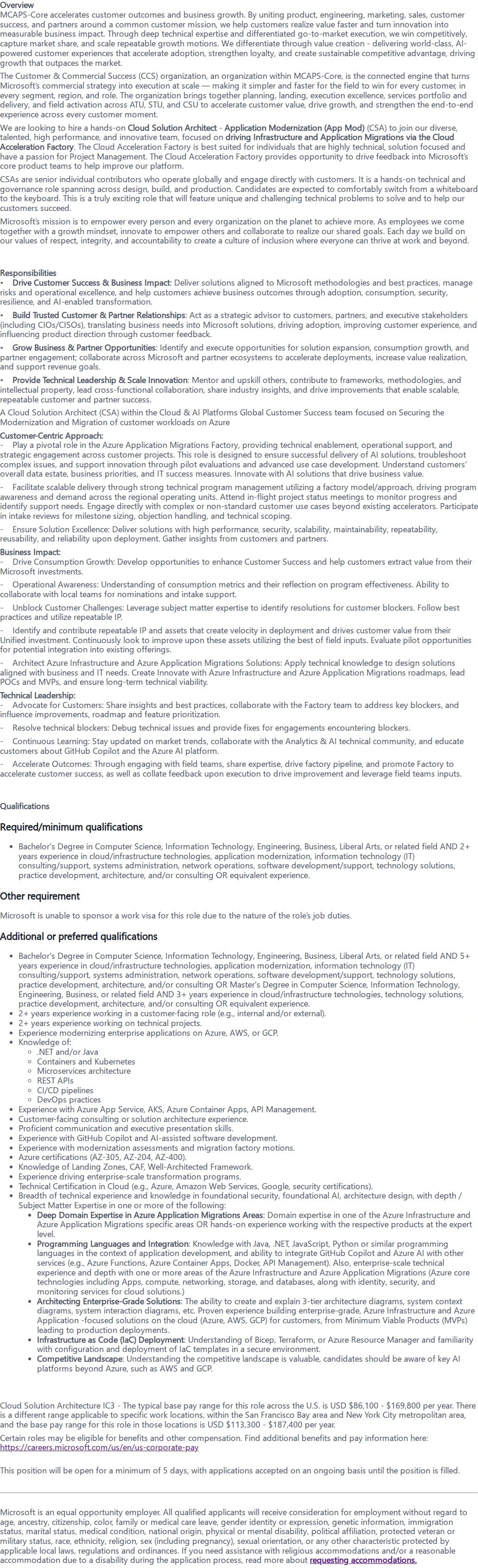 마이크로소프트(Microsoft) Cloud Solution Architect - Application Modernization (App Mod) 채용공고