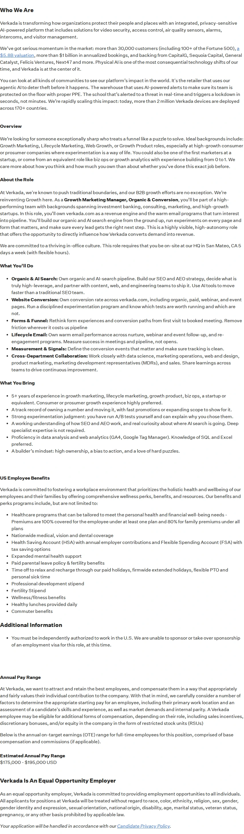 버카다 Growth Marketing Manager, Organic & Conversion 채용공고