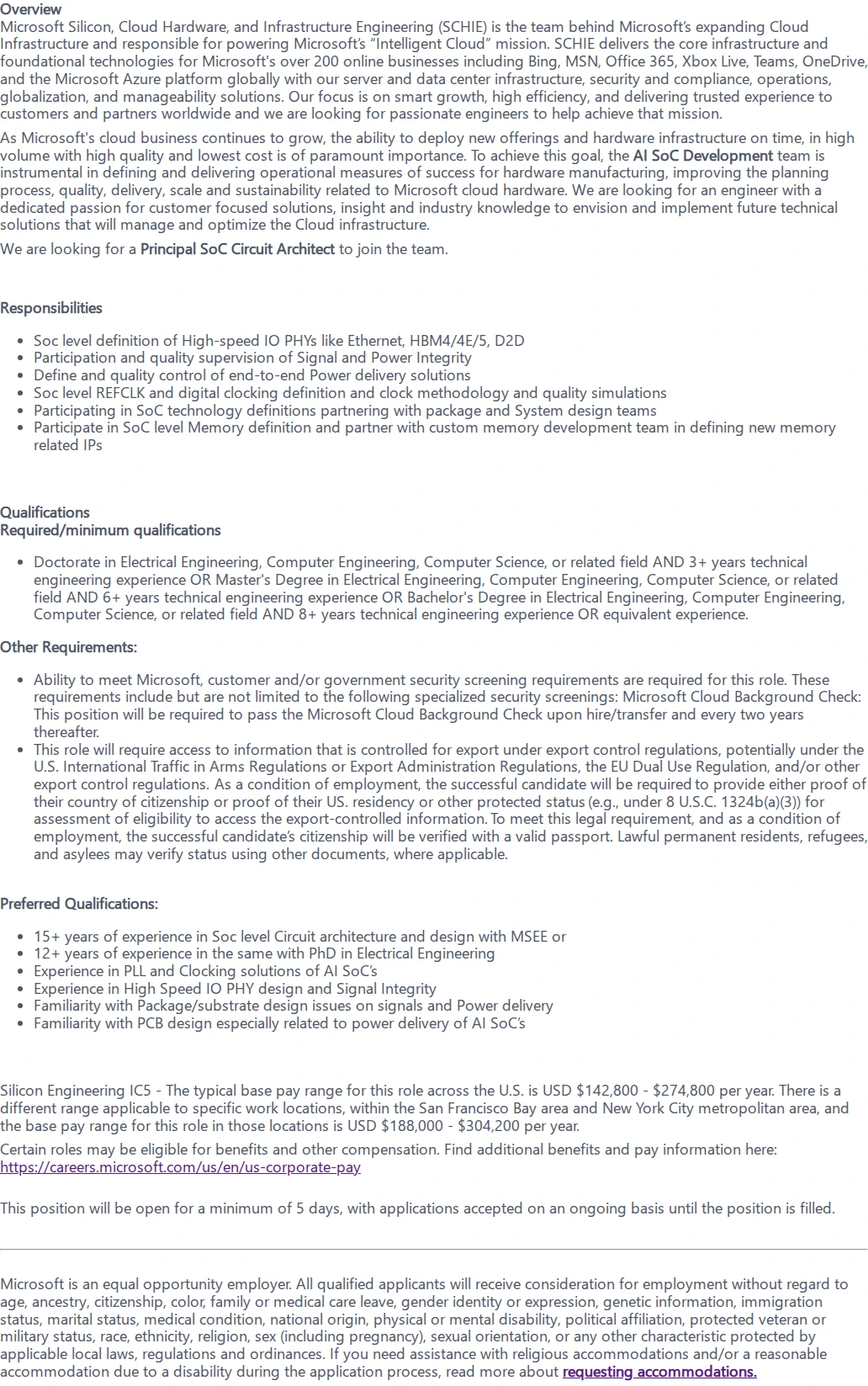 마이크로소프트(Microsoft) Principal SoC Circuit Architect 채용공고