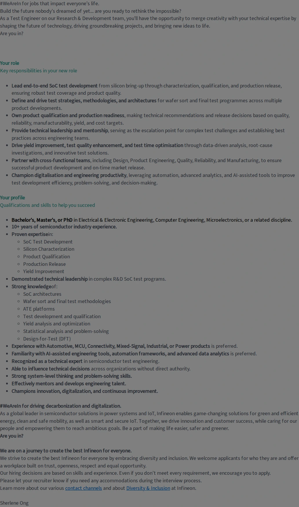 인피니언테크놀로지스코리아 Staff/Senior Staff Special - Test Engineer 채용공고