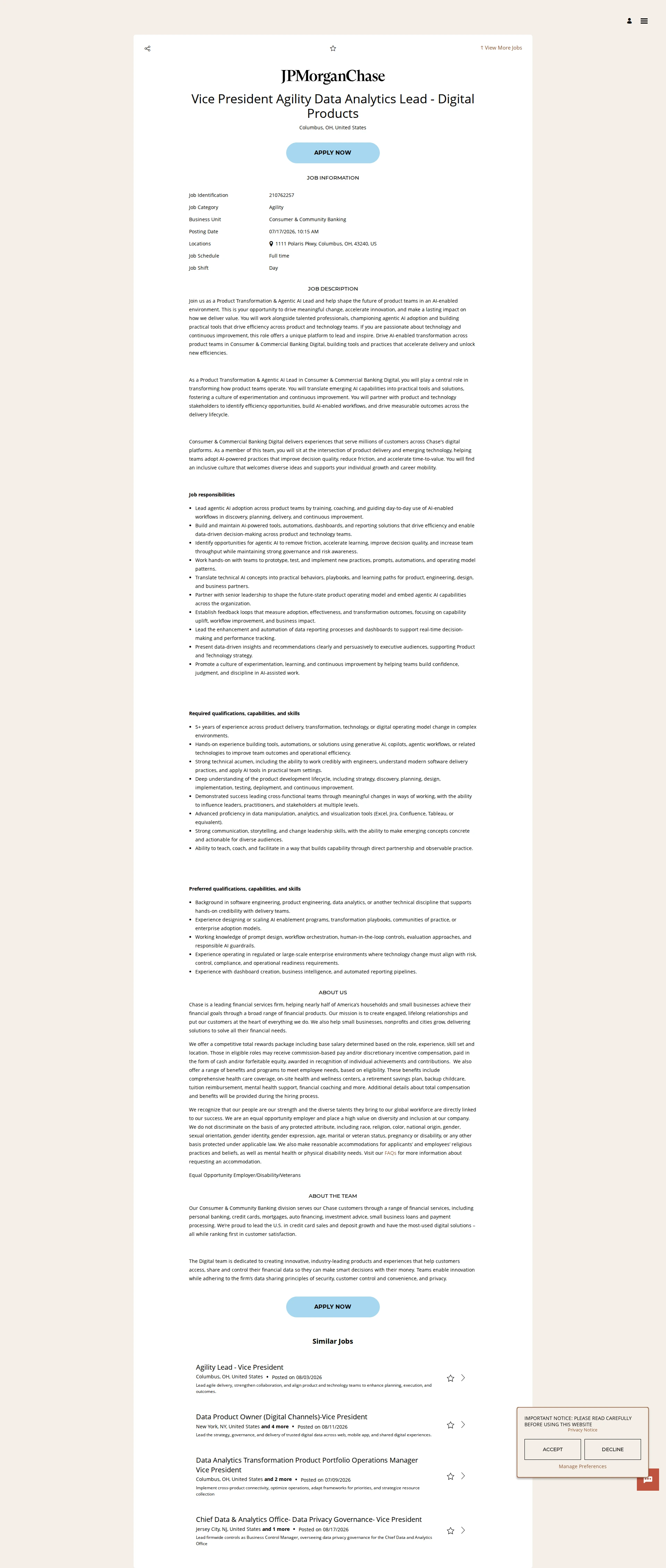 JPMorganChase Vice President Agility Data Analytics Lead - Digital Products 채용공고