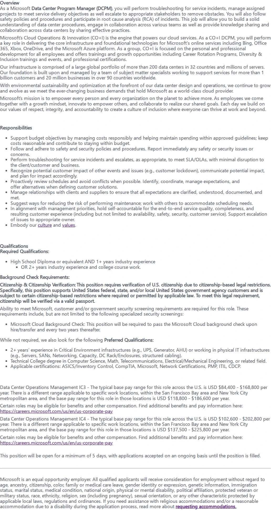마이크로소프트(Microsoft) Data Center Program Manager 채용공고