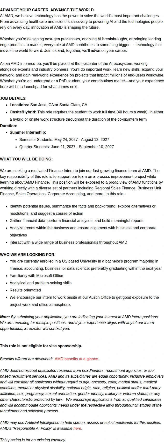 AMD Summer 2027 Undergrad Finance Intern 채용공고