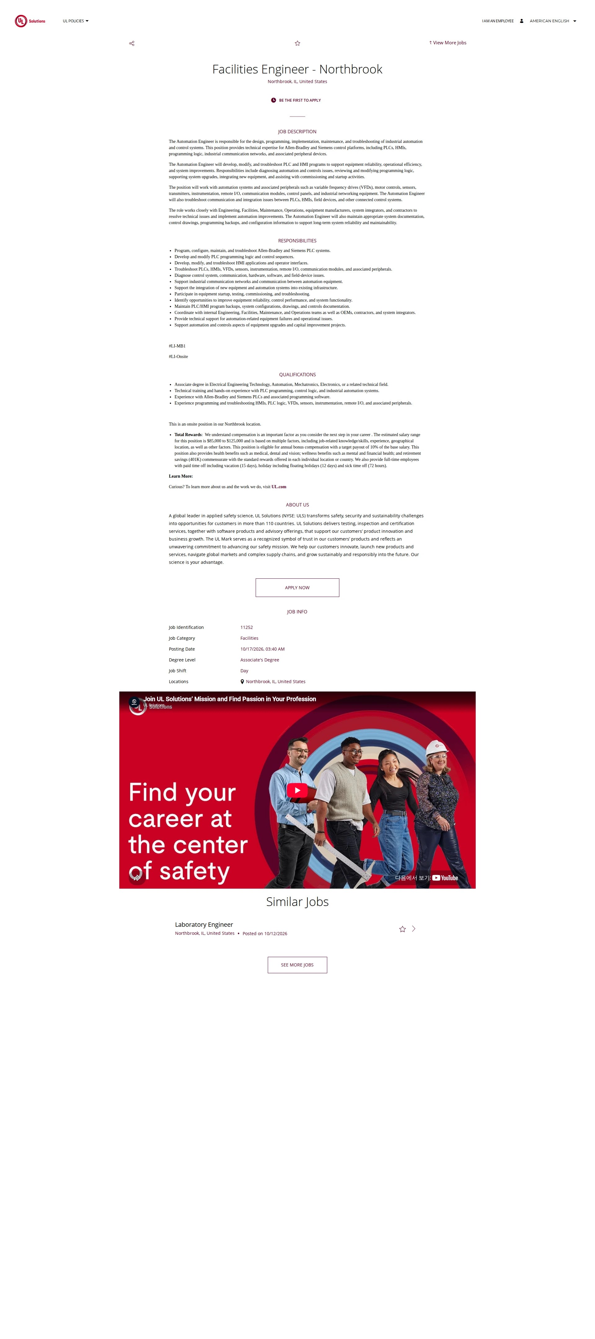 UL Solutions Facilities Engineer - Northbrook 채용공고