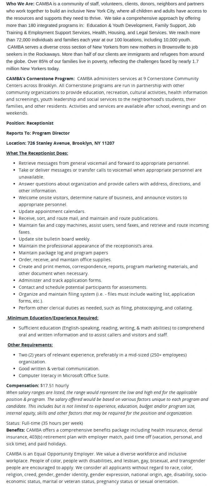 CAMBA Receptionist- Boulevard Cornerstone 채용공고