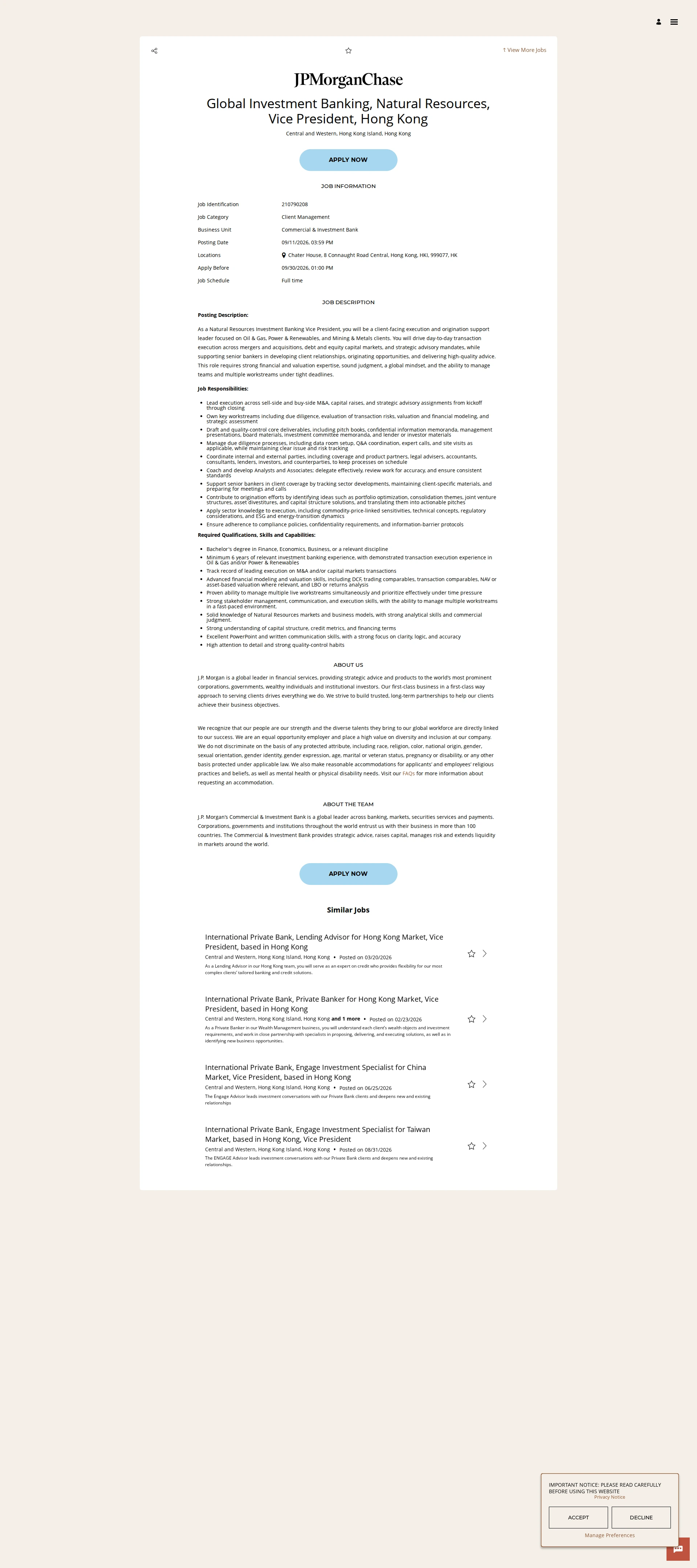 JPMorganChase Global Investment Banking, Natural Resources, Vice President, Hong Kong 채용공고