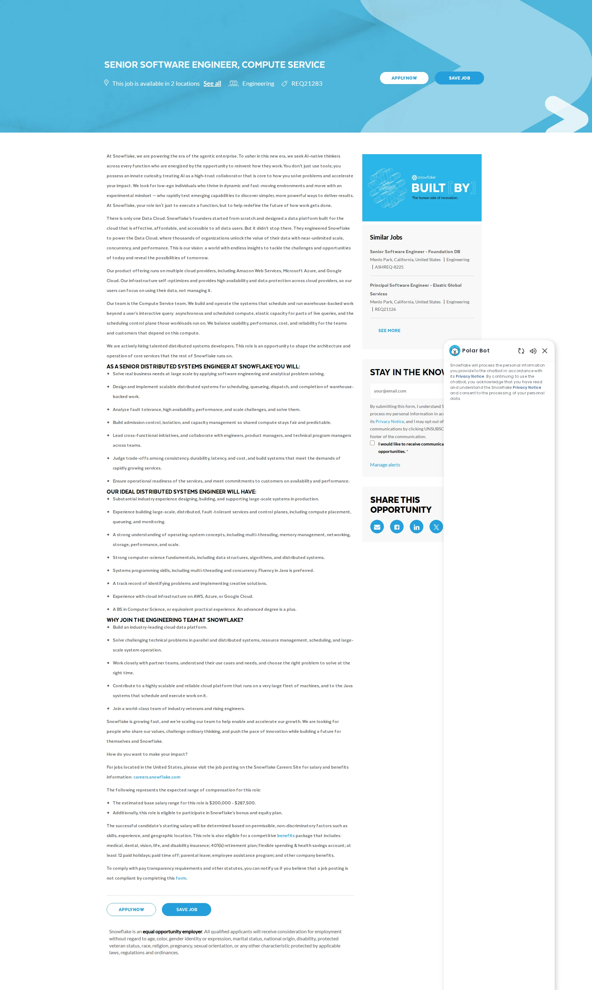 스노우플레이크 Senior Software Engineer, Compute Service 채용공고