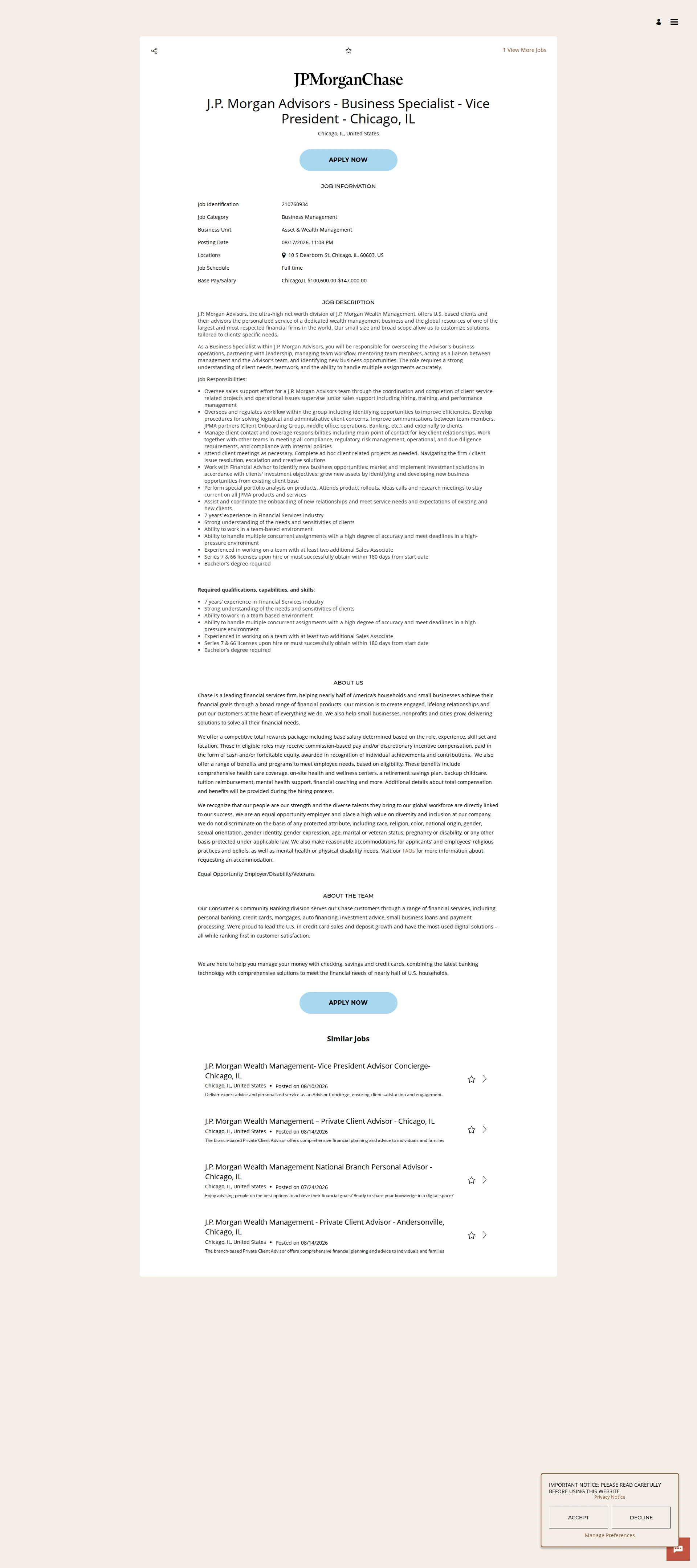 JPMorganChase J.P. Morgan Advisors - Business Specialist - Vice President - Chicago, IL 채용공고