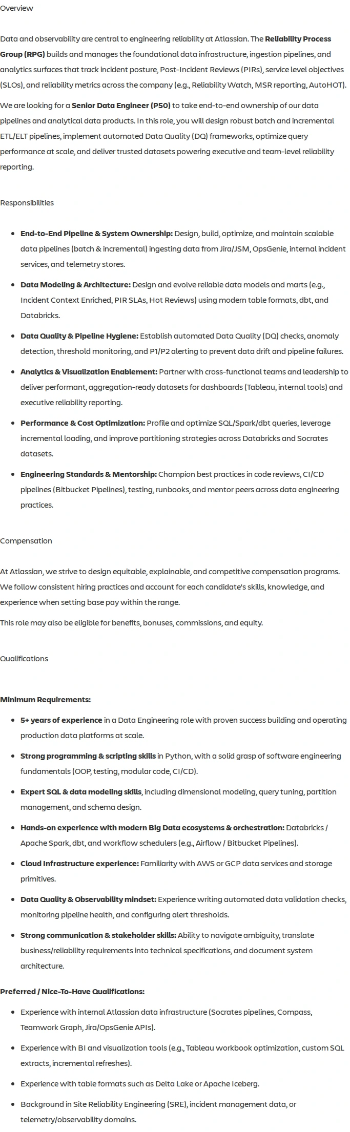 아틀라시안 Senior Data Engineer (P50) — Reliability Process Group (RPG) 채용공고