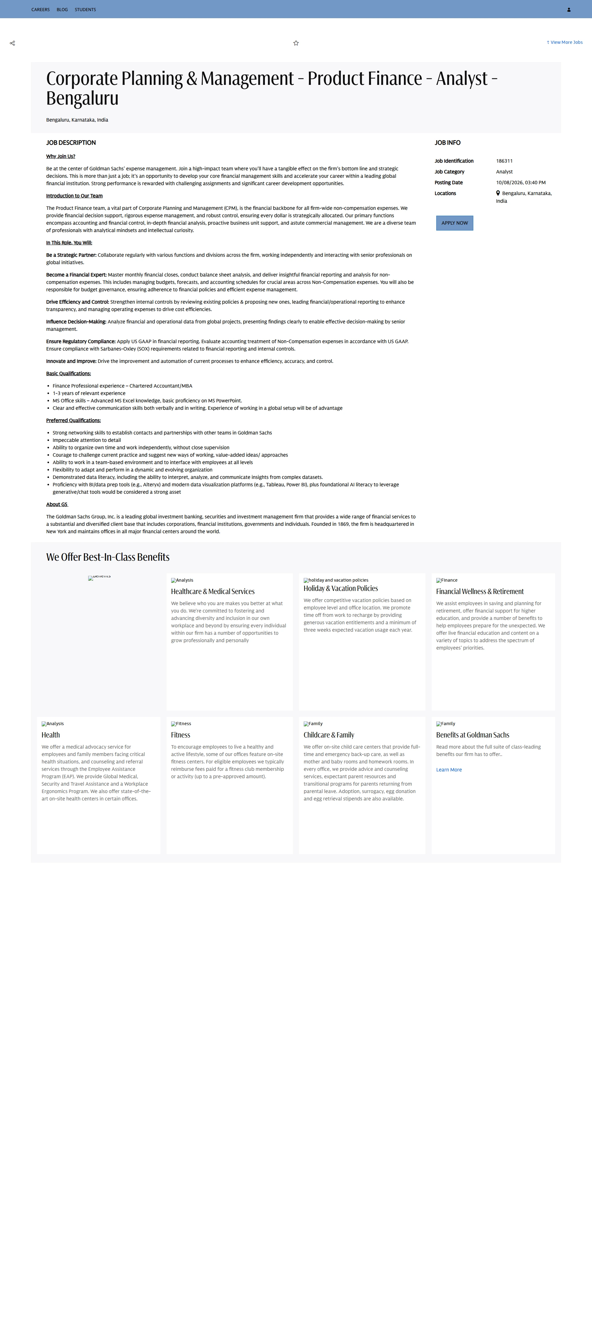 골드만삭스 Corporate Planning & Management - Product Finance - Analyst - Bengaluru 채용공고