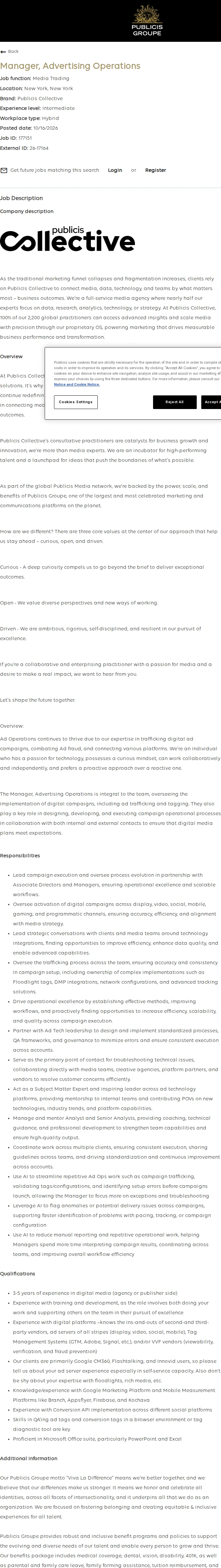 Publicis Groupe Manager, Advertising Operations 채용공고