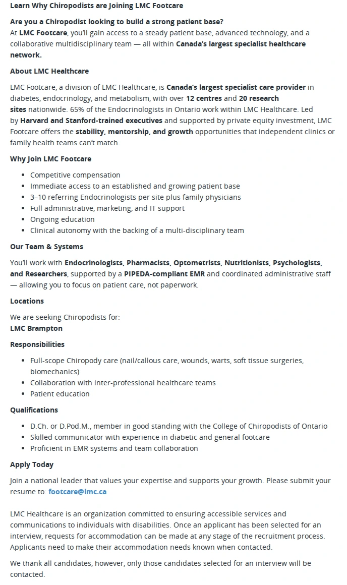 LMC Healthcare Chiropodist (Independent Contractor) 채용공고