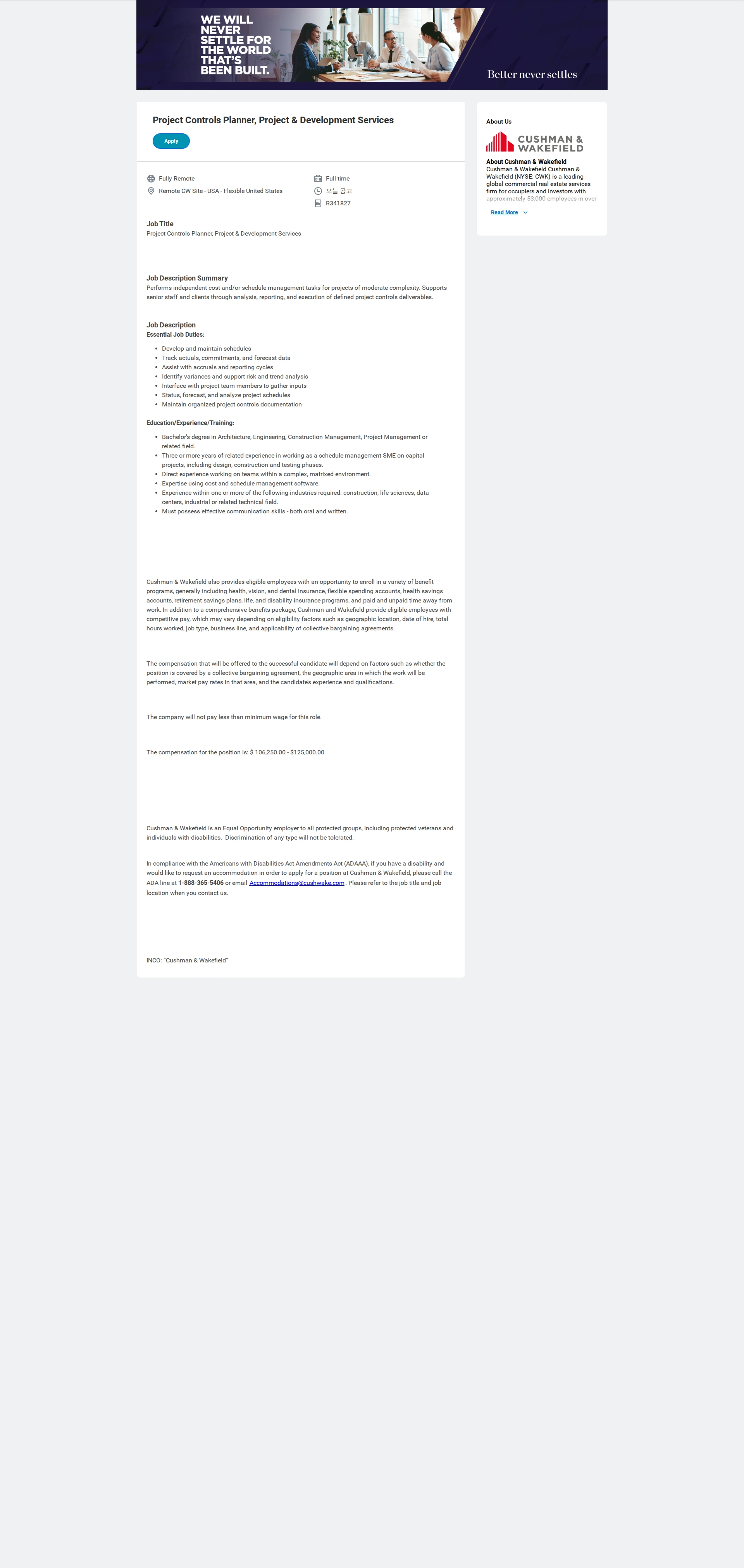 쿠시먼앤드웨이크필드 Project Controls Planner, Project & Development Services 채용공고