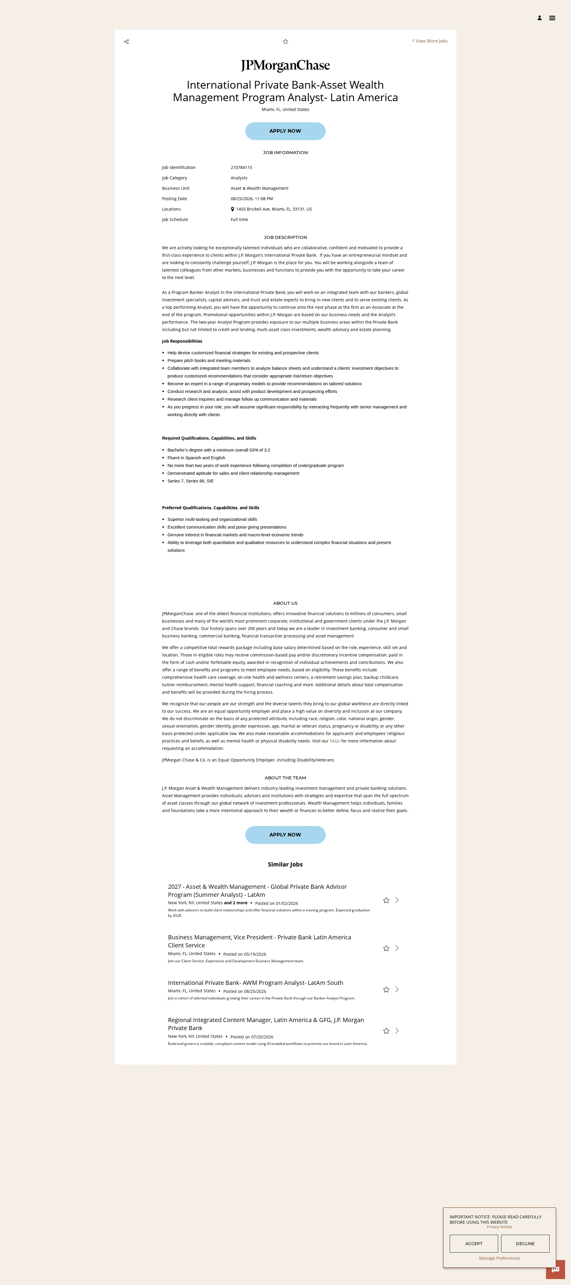 JPMorganChase International Private Bank-Asset Wealth Management Program Analyst- Latin America 채용공고