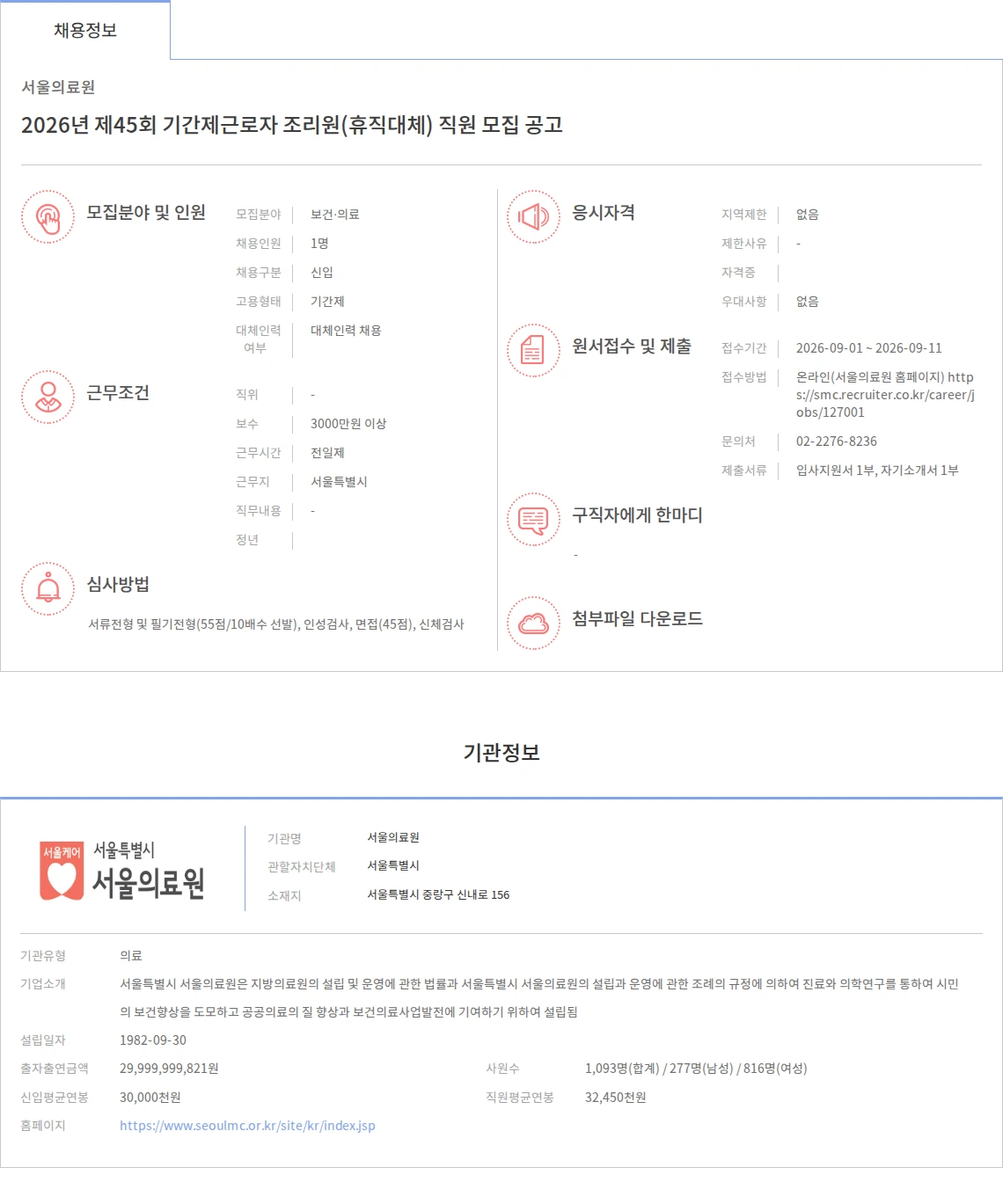 서울의료원 2026년 제45회 기간제근로자 조리원(휴직대체) 직원 모집 공고 채용공고