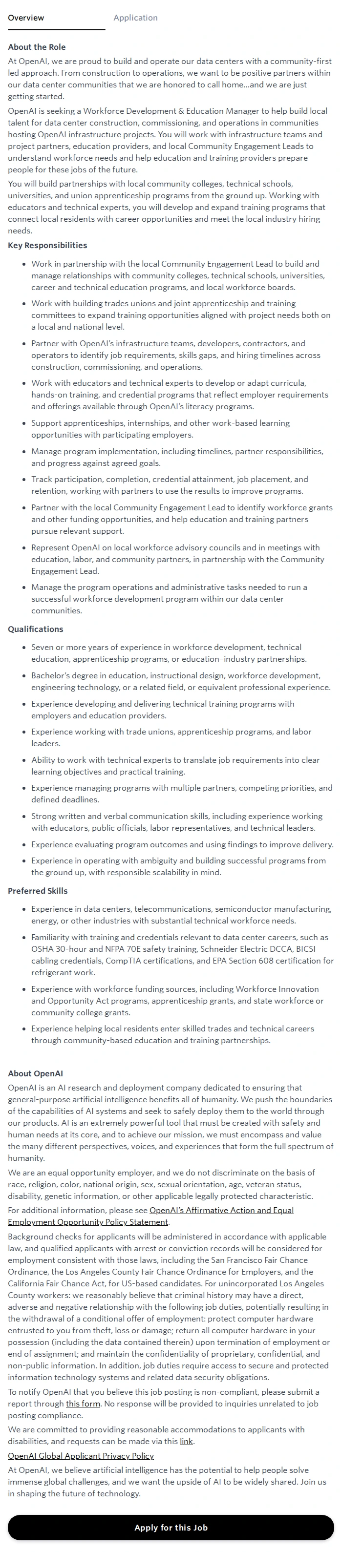 오픈에이아이(OpenAI) Workforce Development & Education Manager, Infrastructure Sites 채용공고