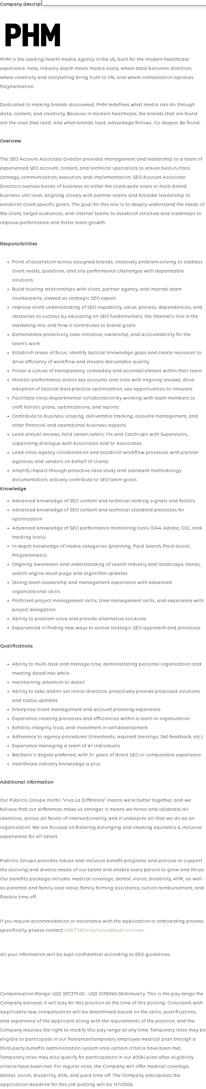 Publicis Groupe SEO Content Associate Director 채용공고