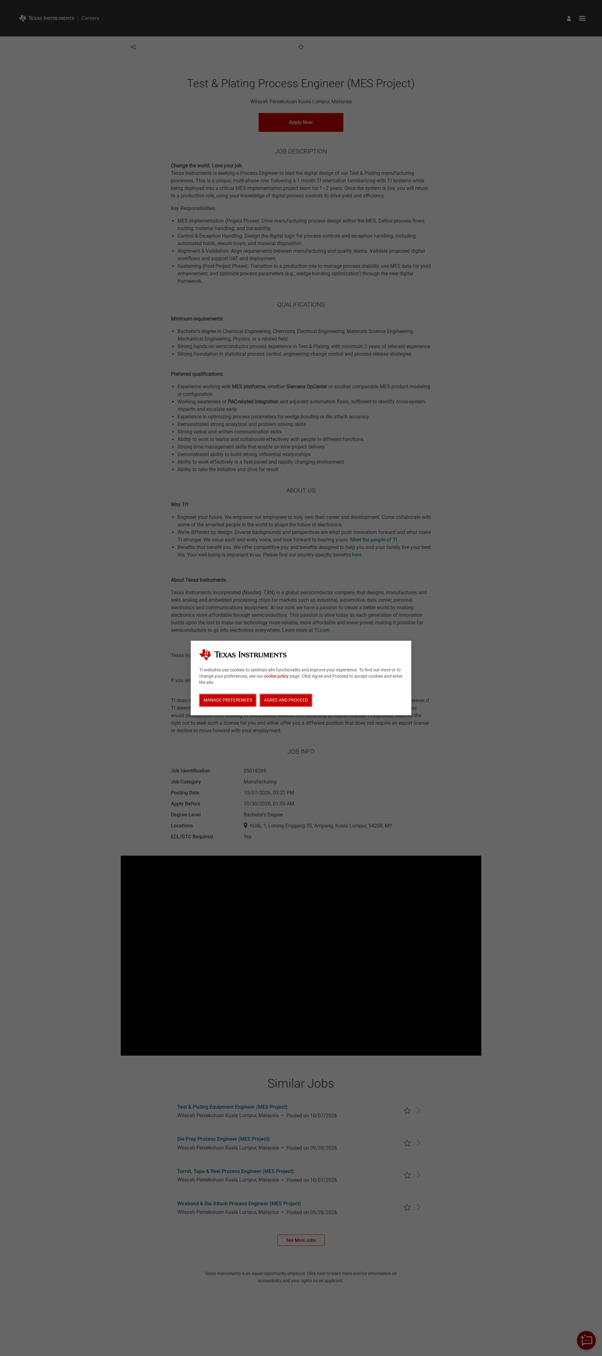텍사스인스트루먼트코리아 Test & Plating Process Engineer (MES Project) 채용공고