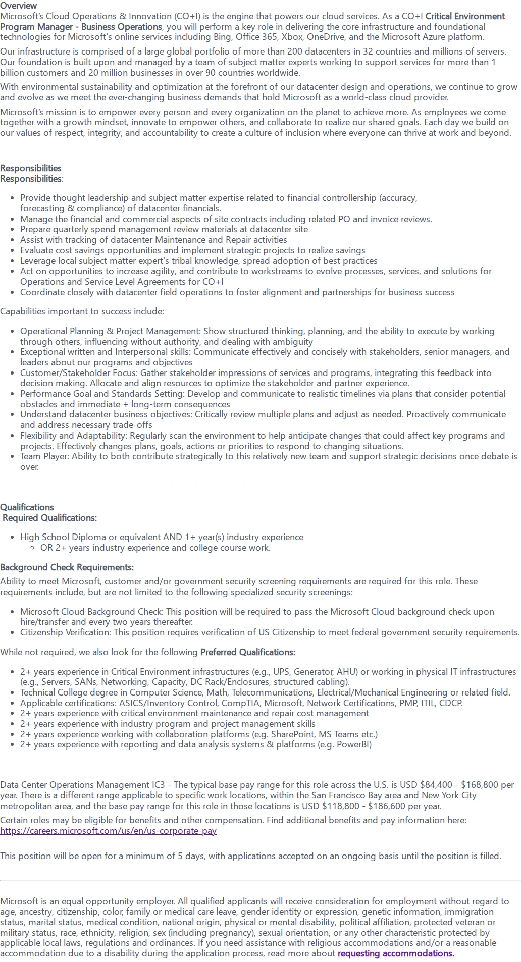 마이크로소프트(Microsoft) Critical Environment Program Manager - Business Operations 채용공고