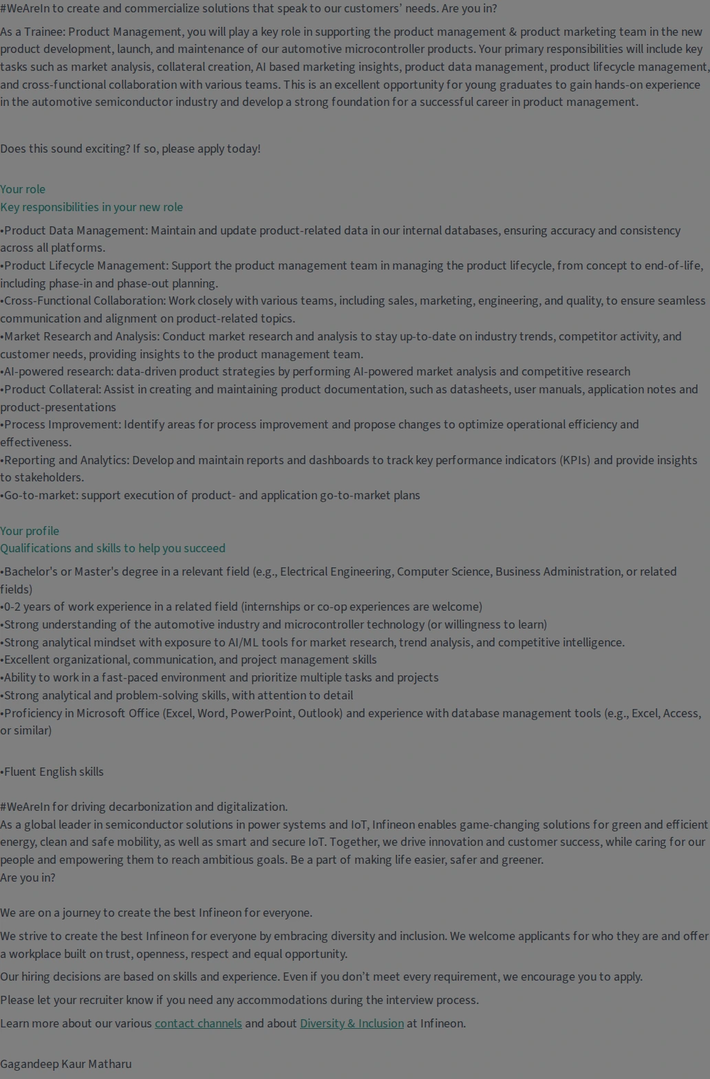인피니언 Trainee: Product Management - Automotive Microcontrollers 채용공고