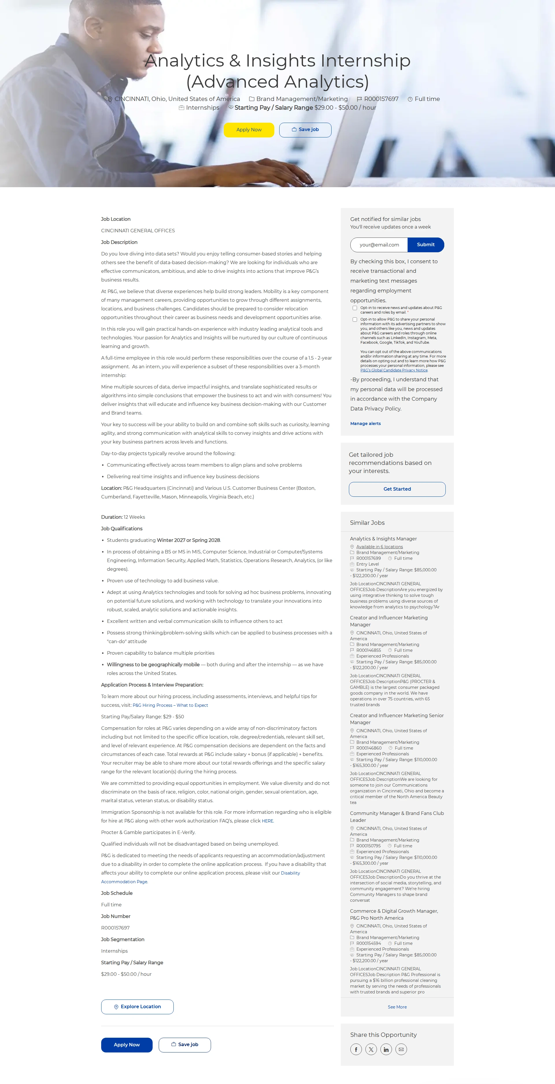 P&G Analytics & Insights Internship (Advanced Analytics) 채용공고