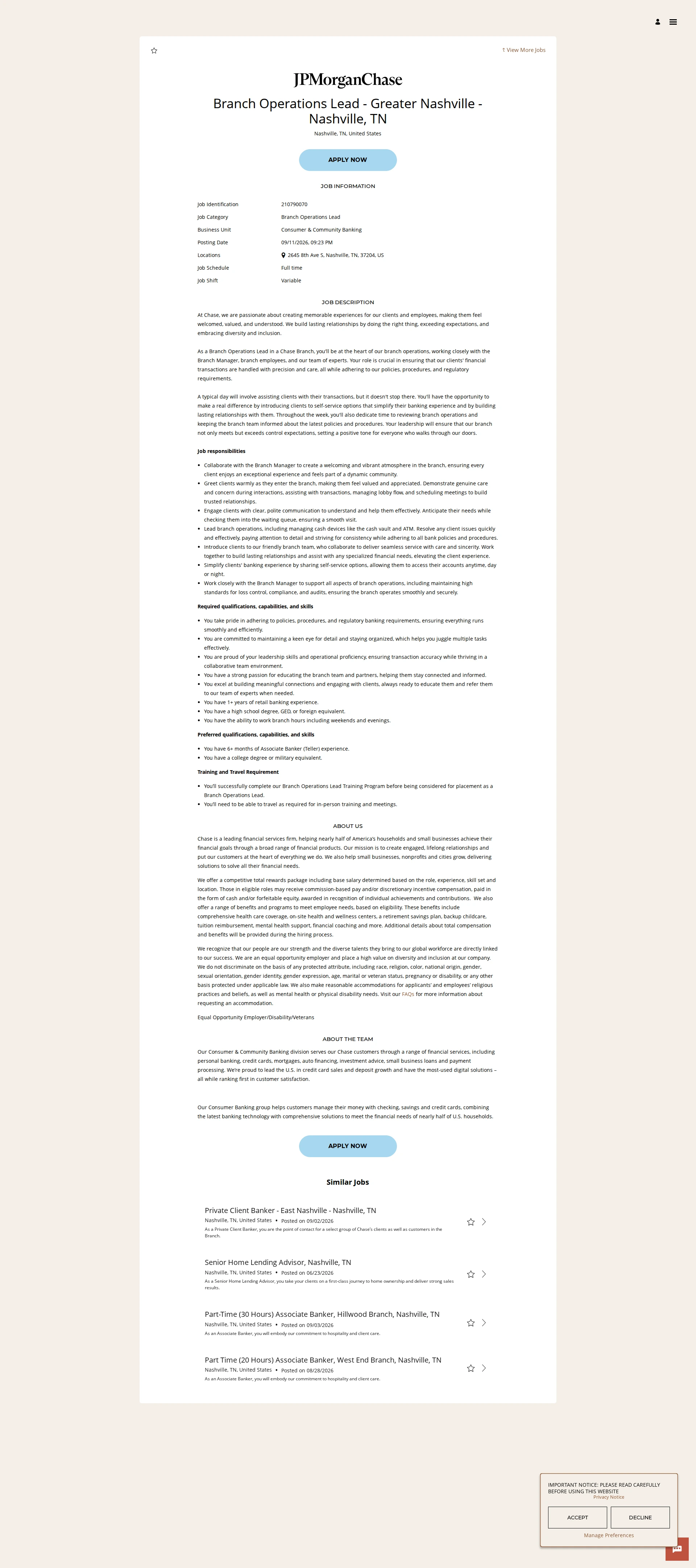 JPMorganChase Branch Operations Lead - Greater Nashville - Nashville, TN 채용공고