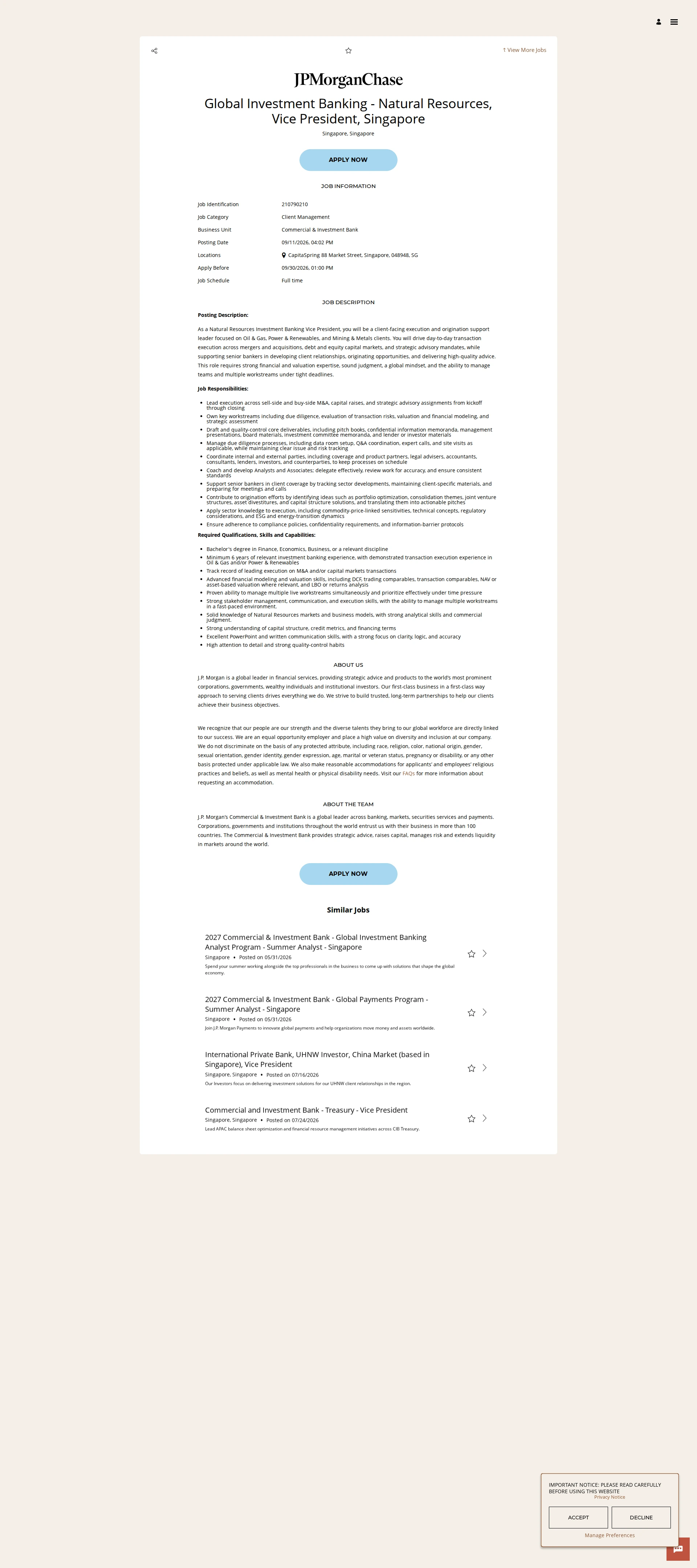 JPMorganChase Global Investment Banking - Natural Resources, Vice President, Singapore 채용공고