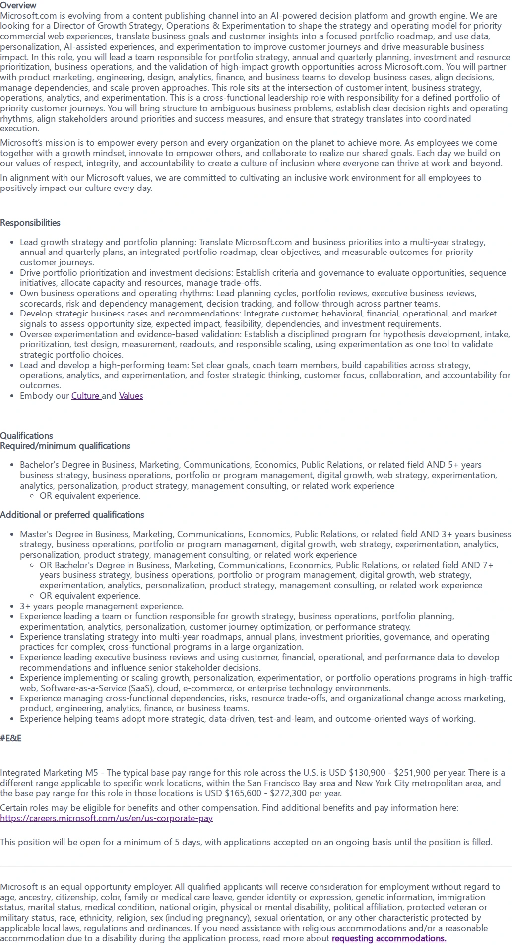마이크로소프트(Microsoft) Director of Growth Strategy, Operations & Experimentation 채용공고