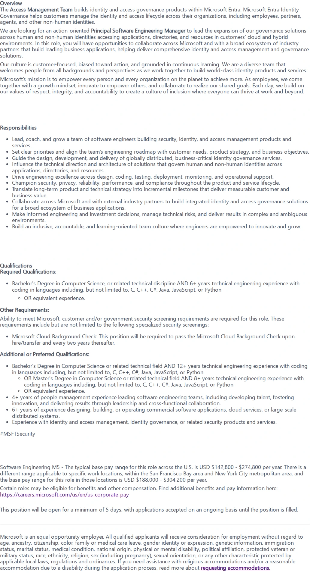 마이크로소프트(Microsoft) Principal Software Engineering Manager 채용공고