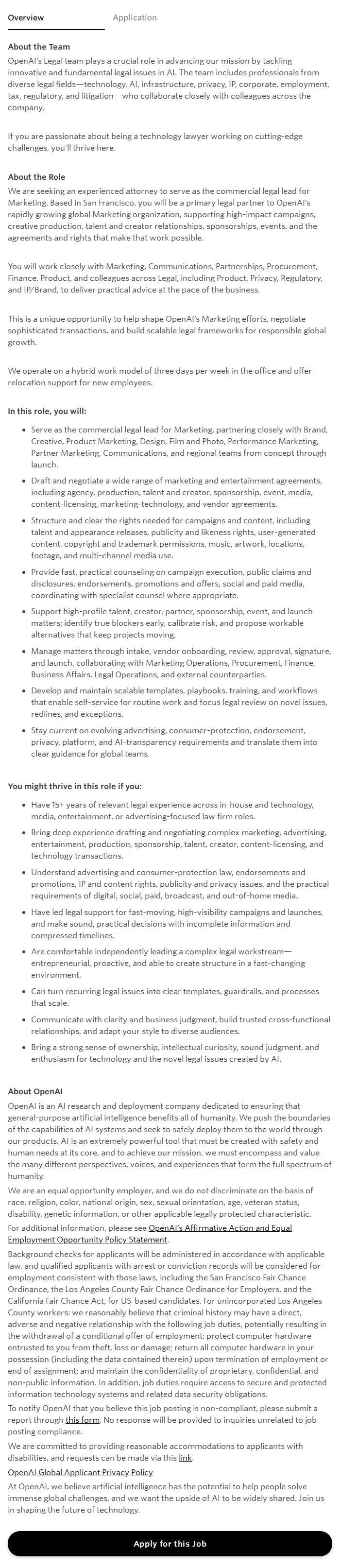오픈에이아이(OpenAI) Deputy General Counsel, Commercial (Marketing) 채용공고