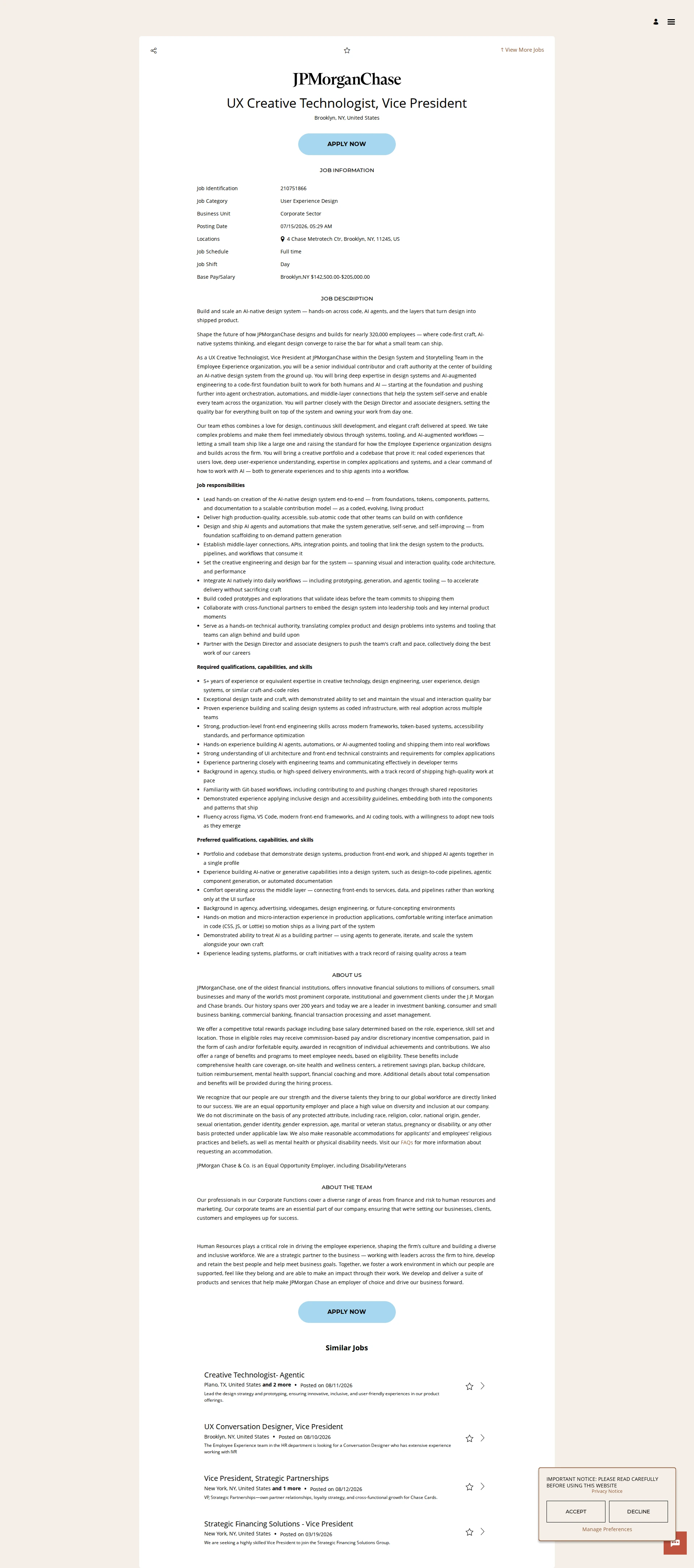 JPMorganChase UX Creative Technologist, Vice President 채용공고