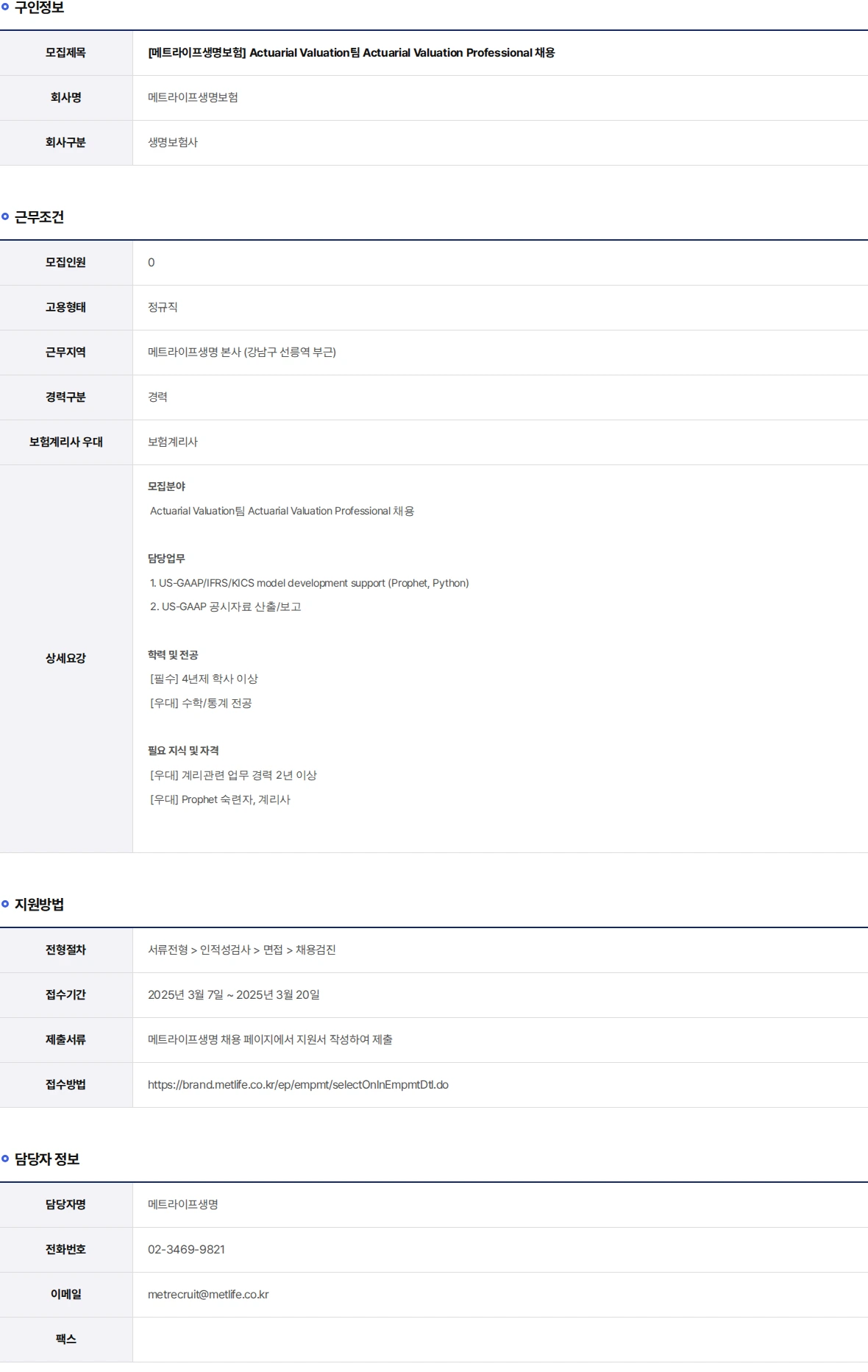 메트라이프생명보험 Actuarial Valuation팀 Actuarial Valuation Professional 채용 채용공고