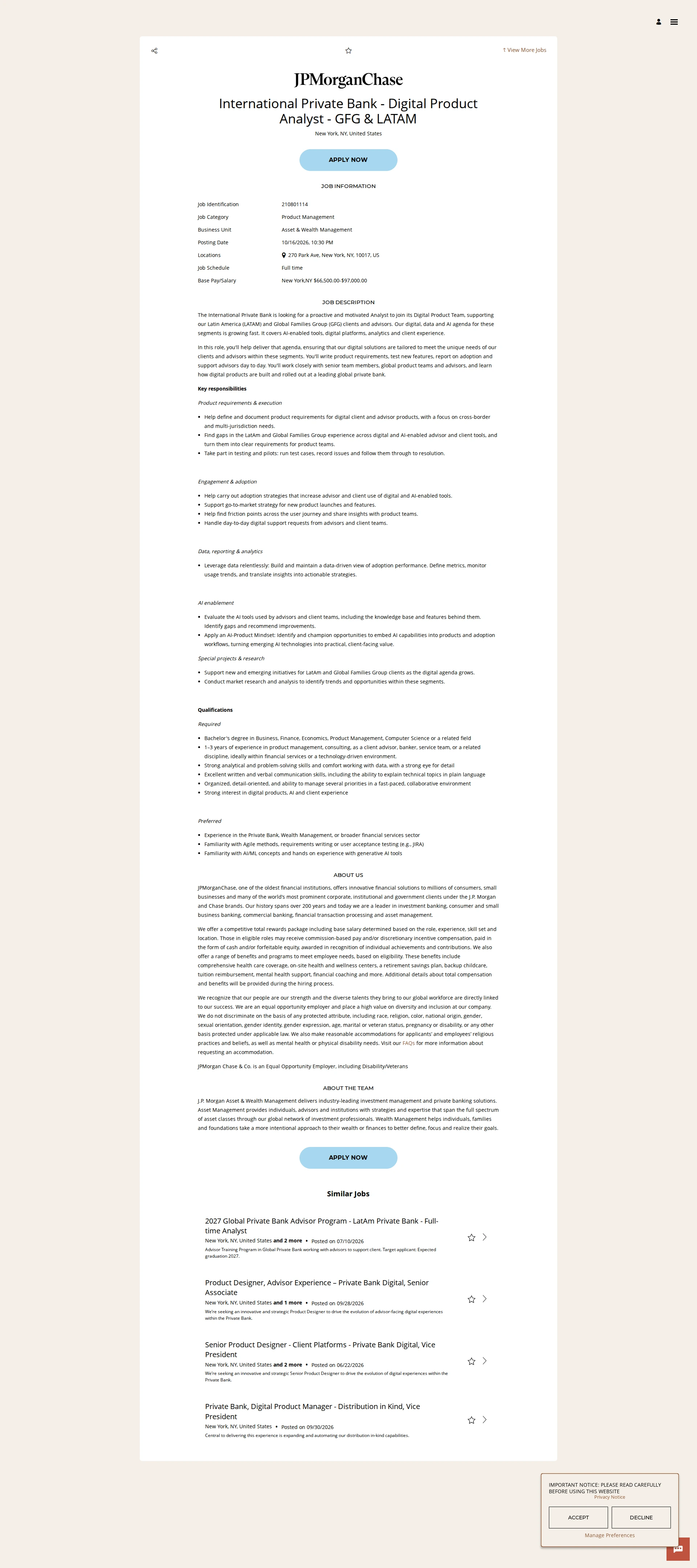 JPMorganChase International Private Bank - Digital Product Analyst - GFG & LATAM 채용공고
