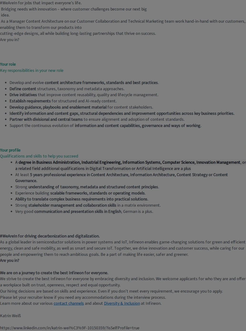 인피니언테크놀로지스코리아 Manager Content Architecture (f/m/div) 채용공고