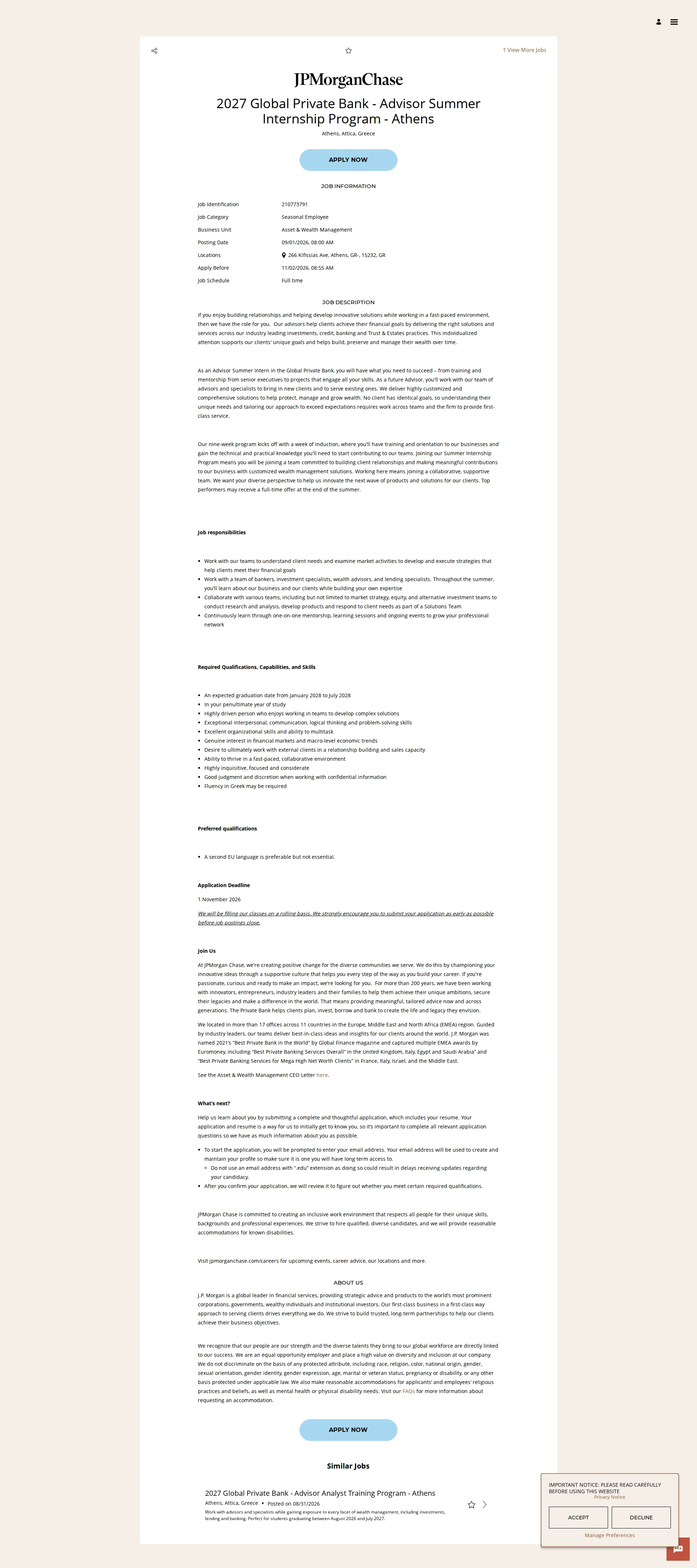 JPMorganChase 2027 Global Private Bank - Advisor Summer Internship Program - Athens 채용공고