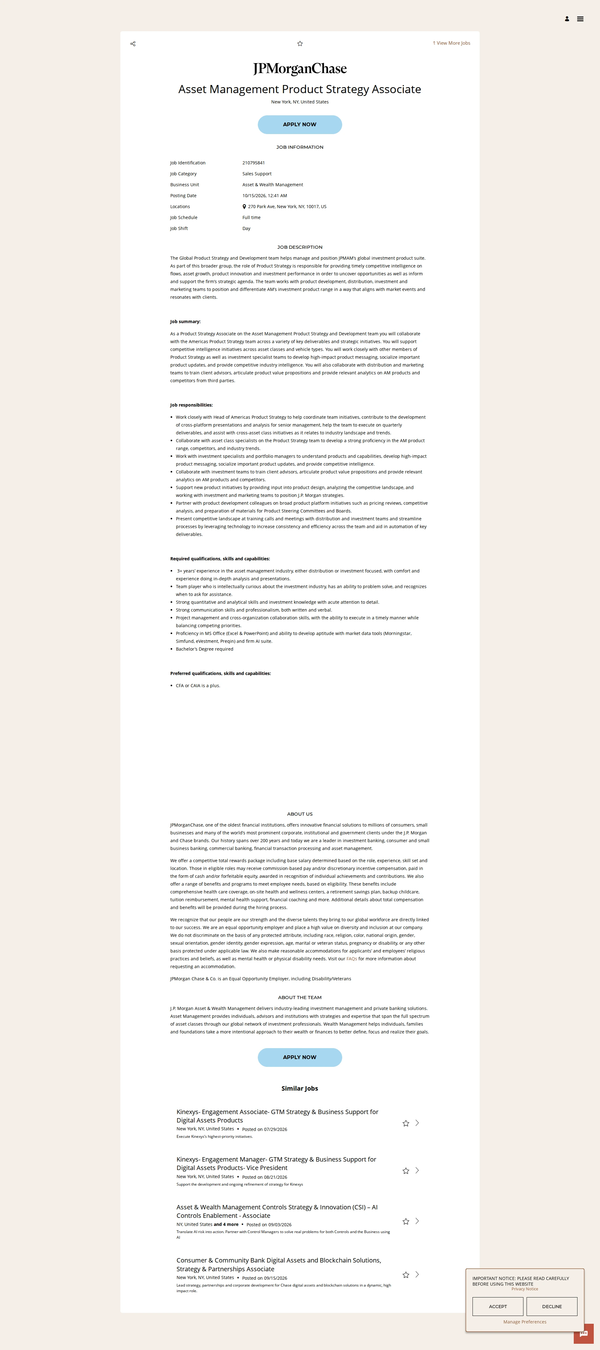 JPMorganChase Asset Management Product Strategy Associate 채용공고